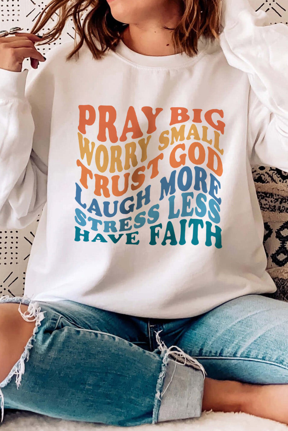 Slogan Letters Print Long Sleeve Pullover Sweatshirt | Beige