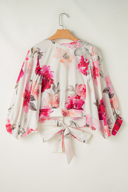 Floral 3/4 Sleeve Lace-Up Back Blouse | Rose