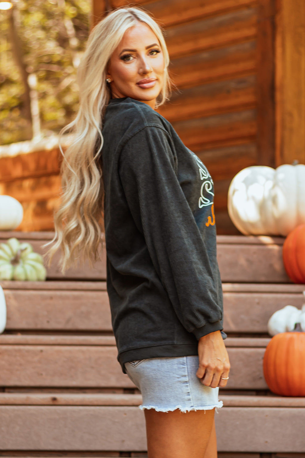 Halloween Pumpkin Spice Baby Graphic Textured Sweatshirt | Dark Grey