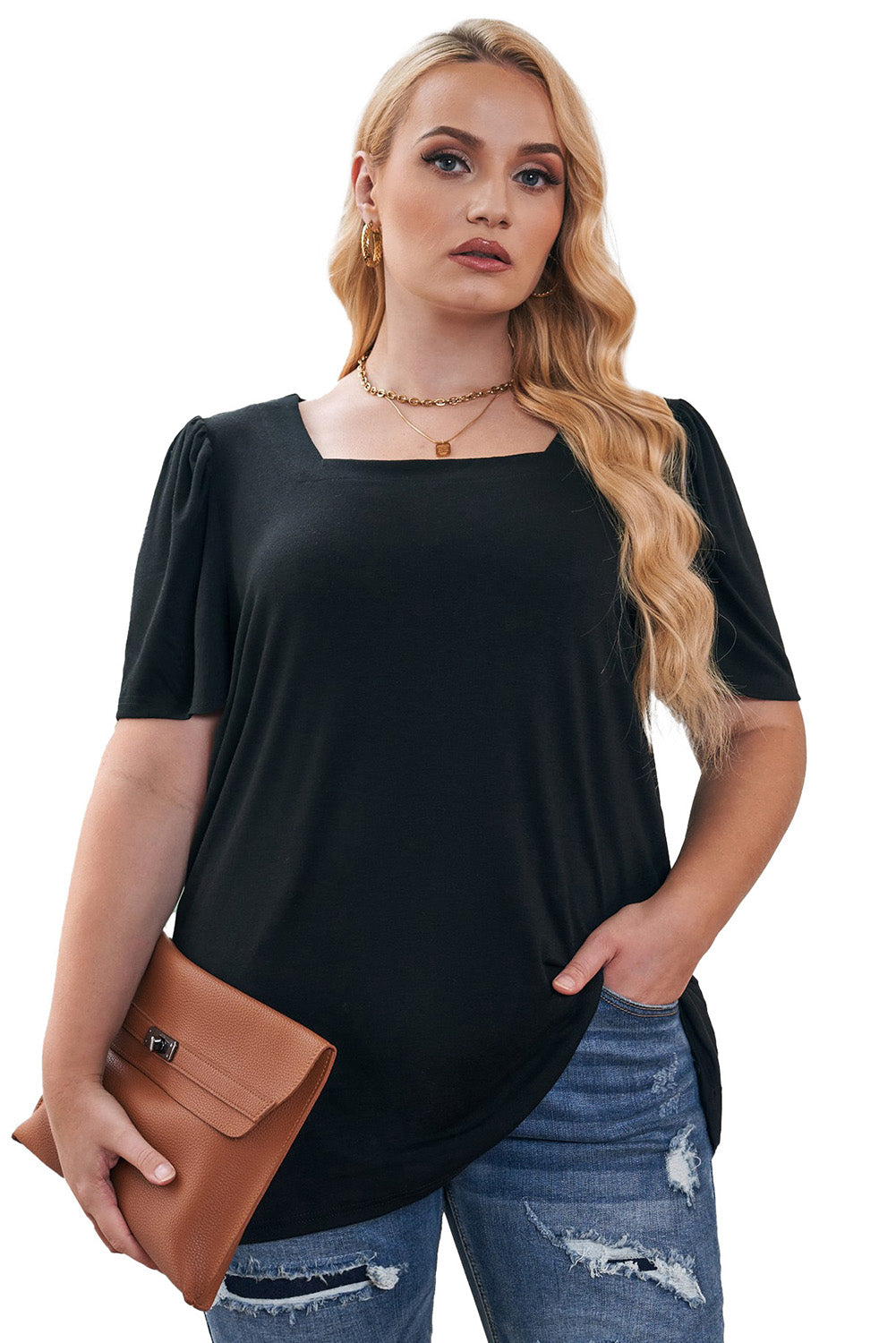 Plus Size Square Neck Ruched Shoulder Short Sleeve Top | Black