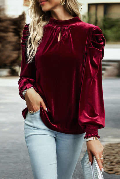 Fiery  Mock Neck Puff Sleeve Velvet Blouse | Red