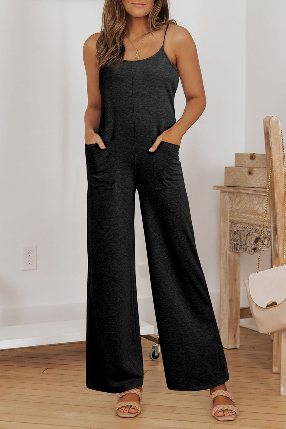 Patch Pockets Spaghetti Strap Wide Leg Jumpsuit | Black