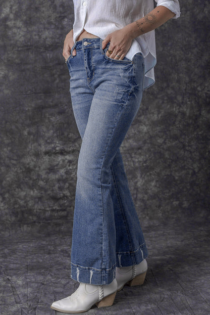 Slight Distressed Medium Wash Flare Jeans | Sky Blue