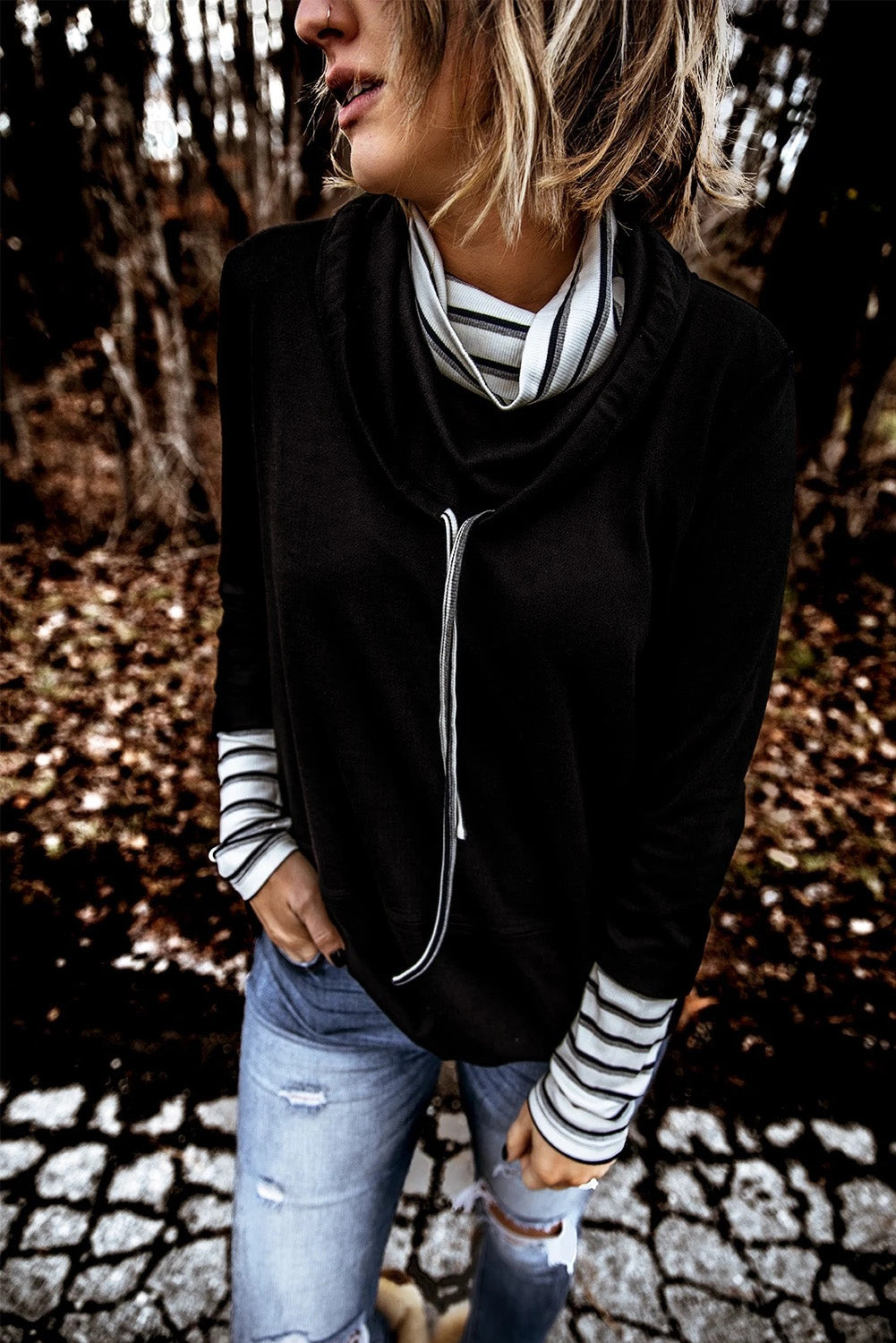 Striped Splicing High Neck Sweatshirt | Black