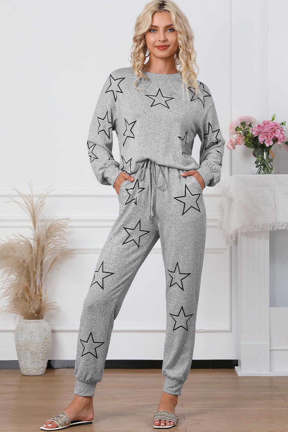 Stars Print Long Sleeve Drawstring High Waist Lounge Set | Gray