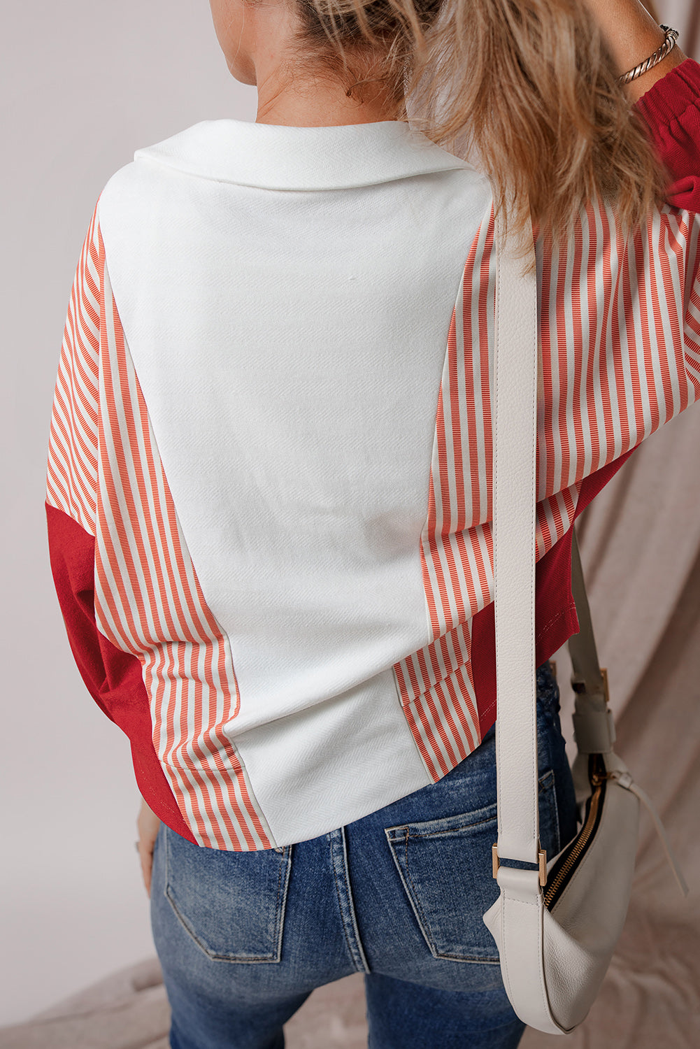 Striped Colour Block Collared V Neck Oversized Sweatshirt | White