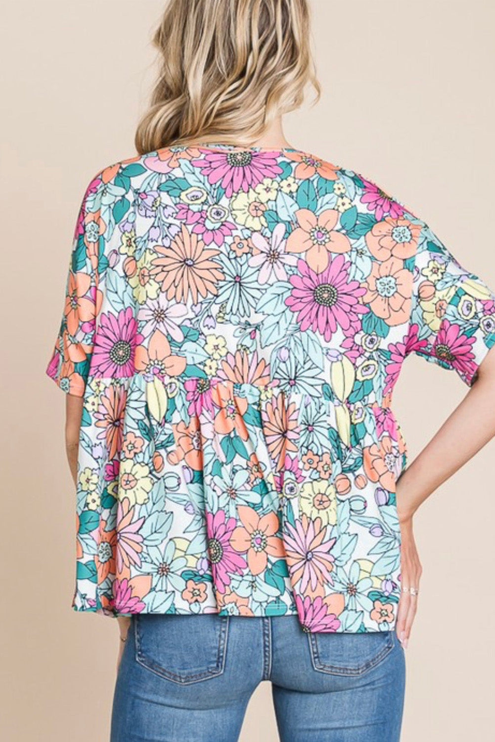 Bohemian Flower Print Flowy Short Sleeve Top | Multicolour