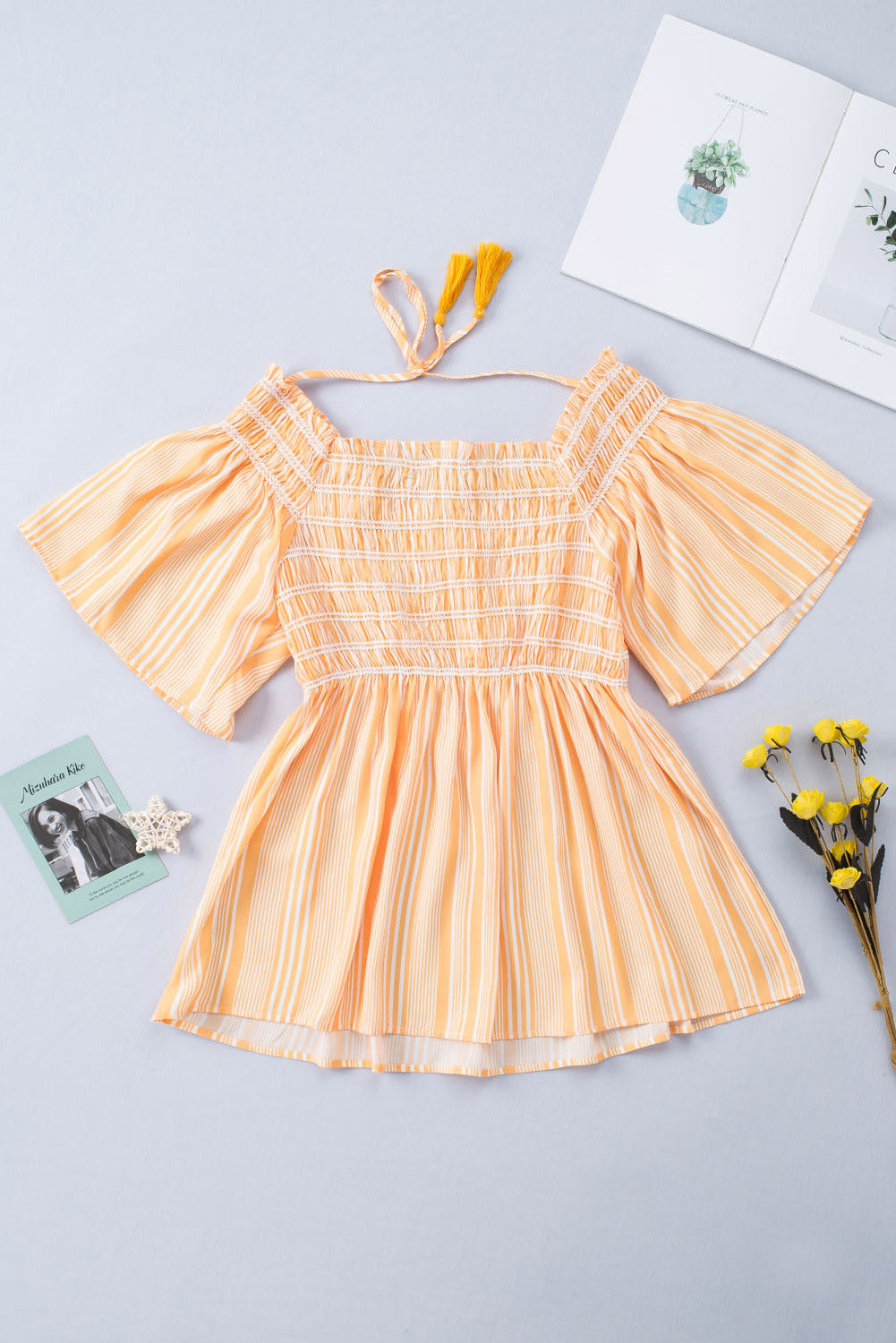 Striped Print Smocked Flowy Blouse | Yellow