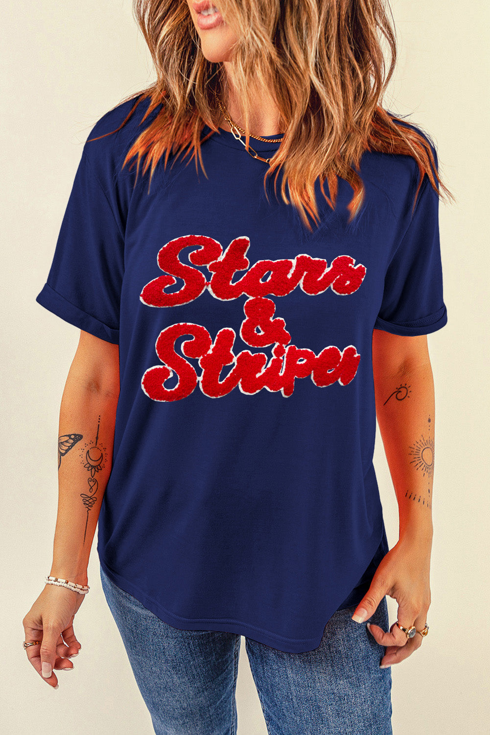 Chenille Stars & Stripes Patched Graphic T Shirt | Blue