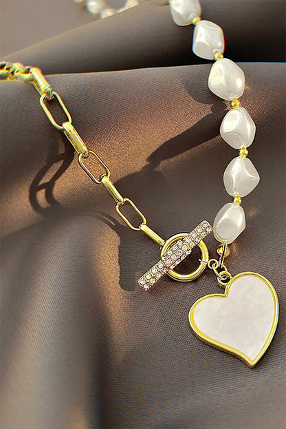 Heart Shape Pendant Rhinestone Decor Pearl Chain Necklace | Gold