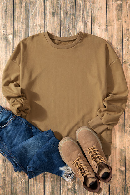 Solid O Neck High Low Hem Pullover Sweatshirt | Brown