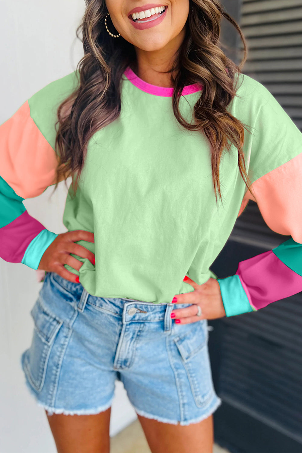 Colourblock Patchwork Long Sleeve Loose Top | Green