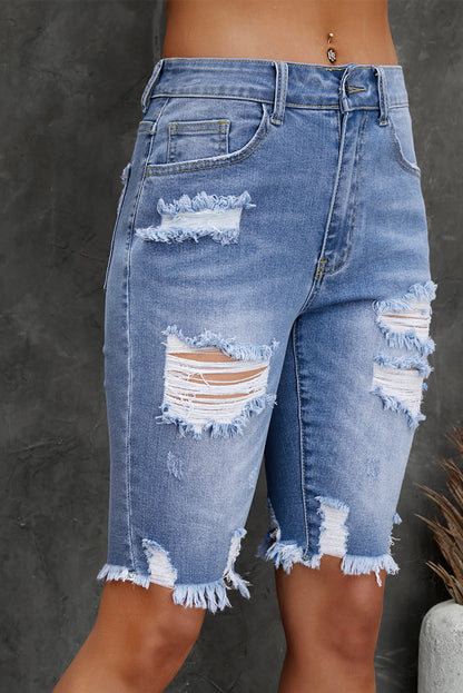 Ripped Tassel Bermuda Denim Shorts | Sky Blue