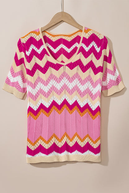 Chevron Pointelle Knit V Neck Short Sleeve Sweater | Pink Stripe