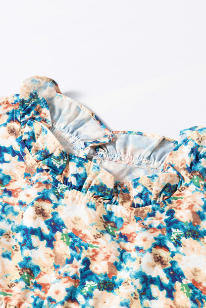 Floral Print Frilled Mock Neck Puff Sleeve Blouse | Sky Blue