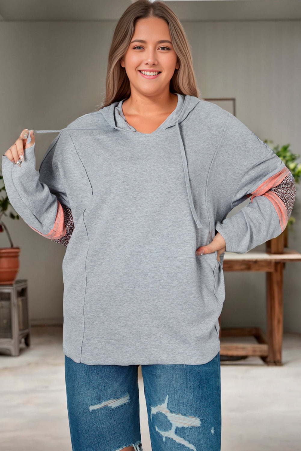 Contrast Patched Sleeve Plus Size Hoodie | Gray