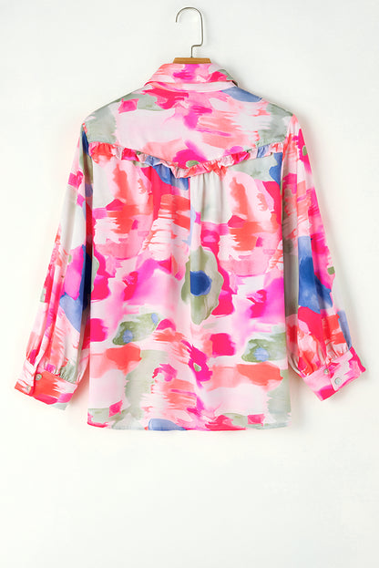 Abstract Printed Lantern Sleeve Frilled Button Front Collared Shirt | Multicolour