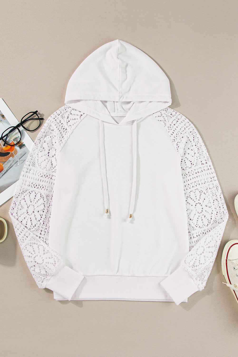 Lace Patchwork Sleeve Drawstring Hoodie | White