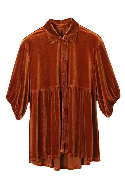 3/4 Sleeve Tunic Babydoll Velvet Shirt | Chestnut