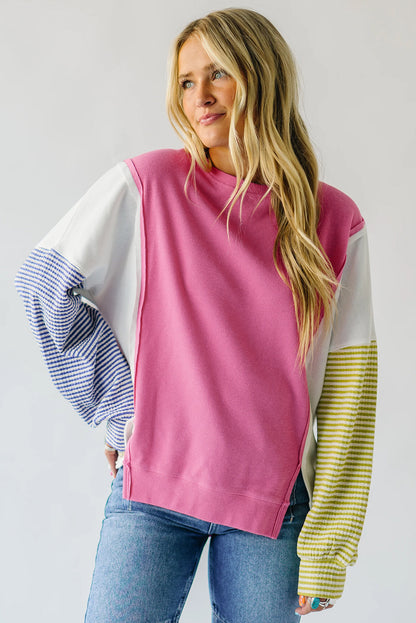 Exposed Seam Striped Colour Block Patchwork Long Sleeve Top | Sachet Pink