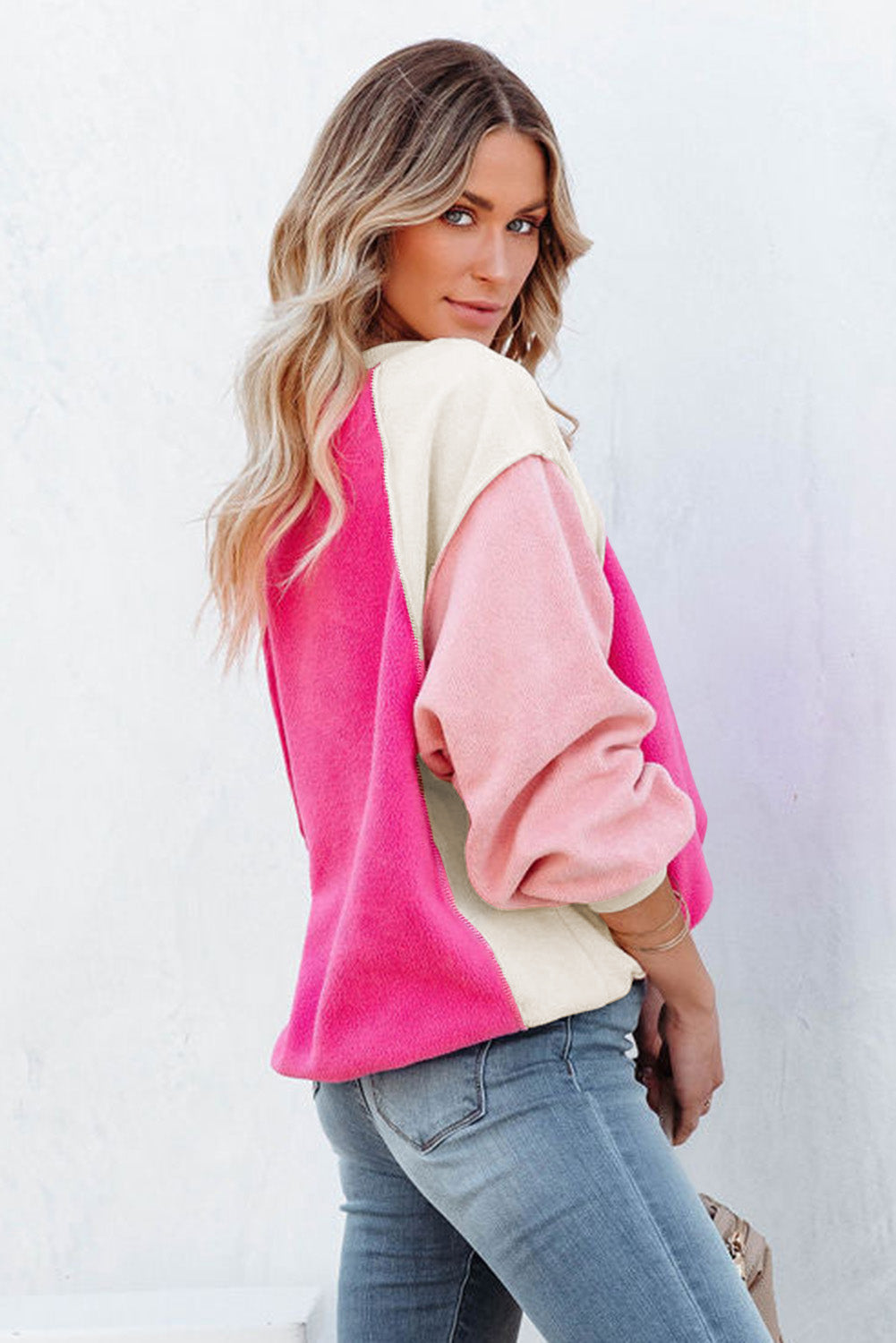 Colourblock Long Sleeve Pullover Fleece Sweatshirt | Rose