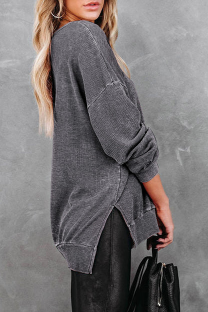 Waffle Knit Side Slit Pullover Top | Gray