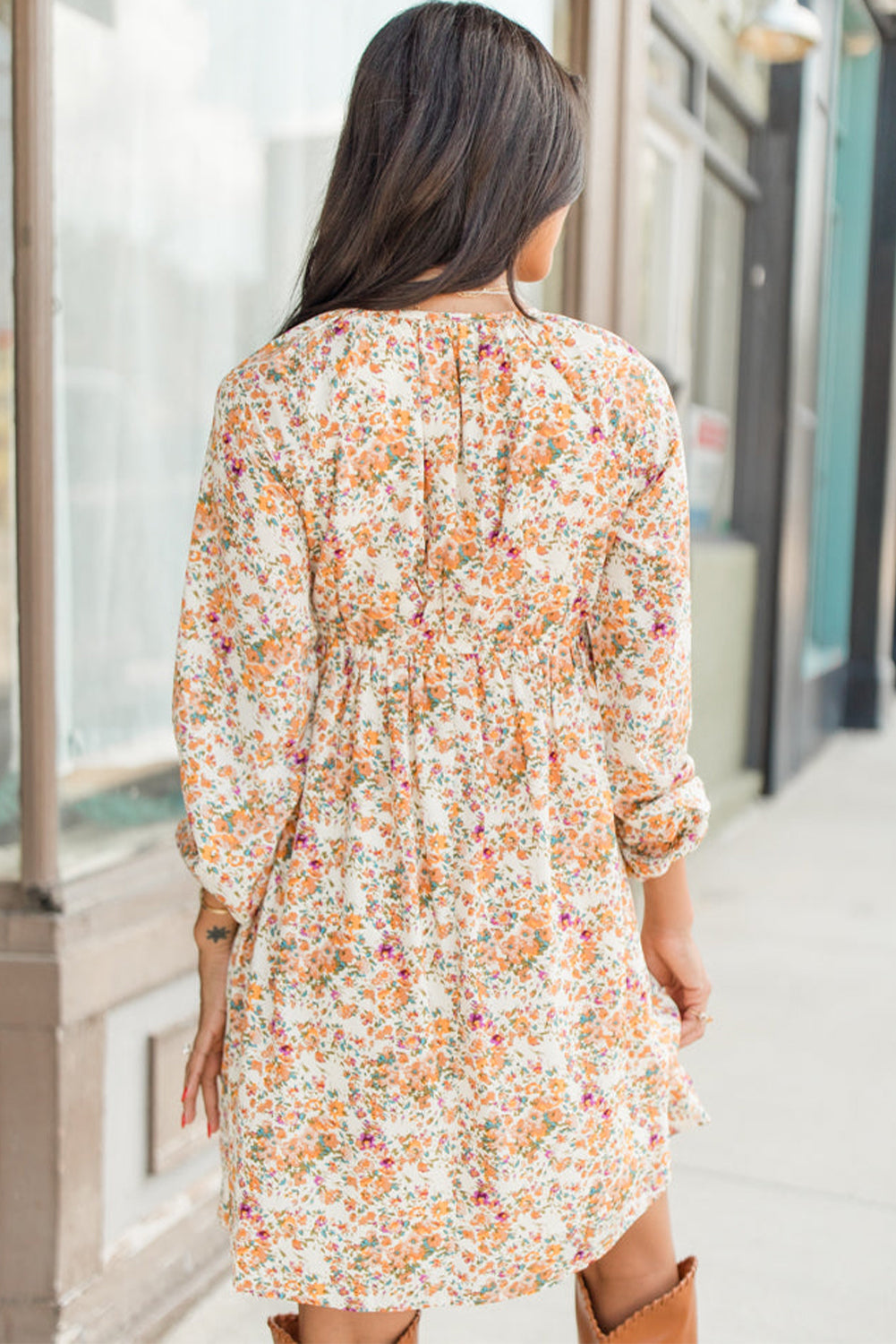 Boho Floral V Neck Ruffled Empire Waist Long Sleeve Mini Dress | Yellow