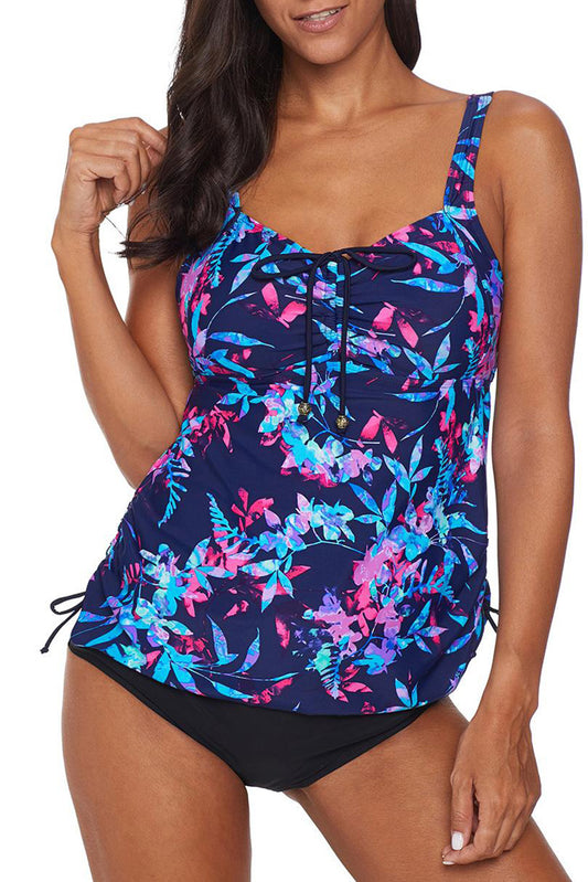 Blue Floral Print Gather Ruched Tankini Set