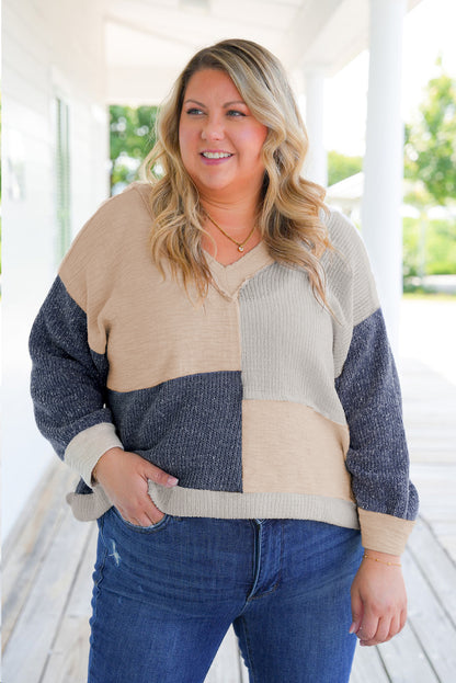 Plus Size Textured Colourblock Patchwork V Neck Top | Ashleigh Blue