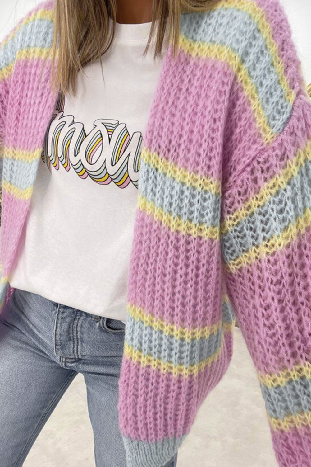 Contrast Striped Open Front Cable Cardigan | Pink