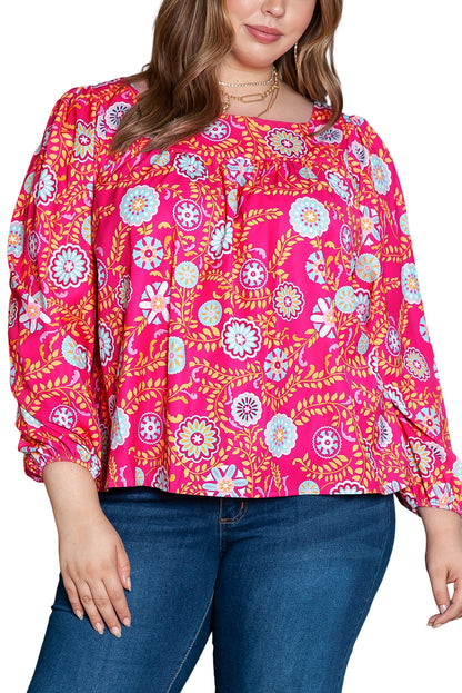 Pink Plus Size Square Neck Floral Blouse | Strawberry Pink