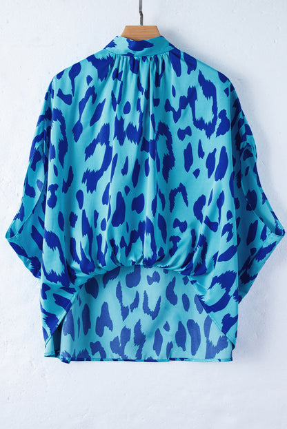 Animal Printed Mock Neck Detail Caftan Top | Blue