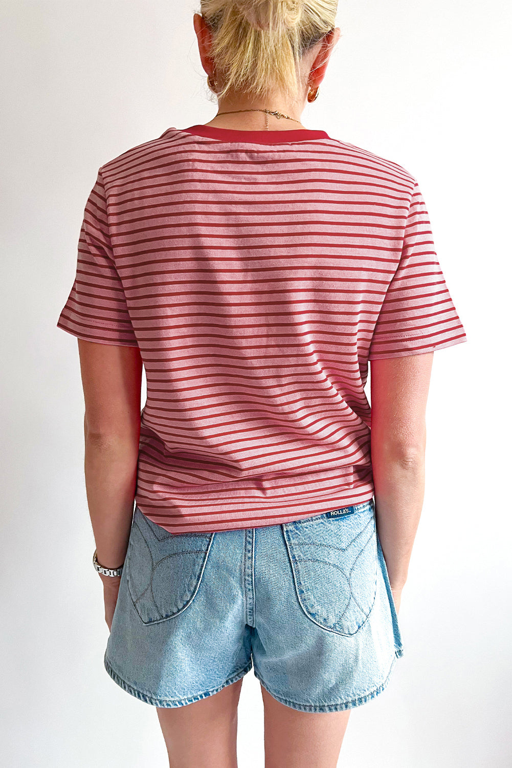 Crew Neck Casual T Shirt | Pink Stripe