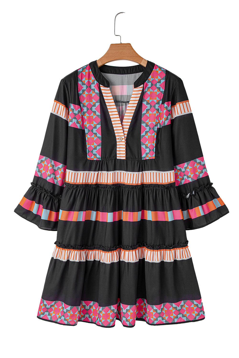 Ethnic Print Buttoned V Neck Bell Sleeve Ruffle Patchwork Dress | Black