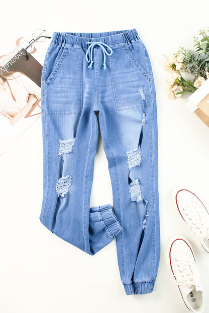 Pocketed Distressed Denim Joggers | Sky Blue