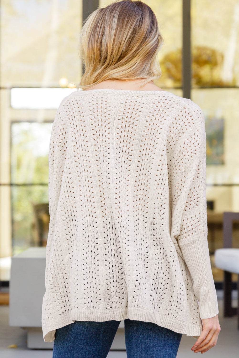 Ribbed Hollow Knit Dolman Sleeve Sweater | Beige