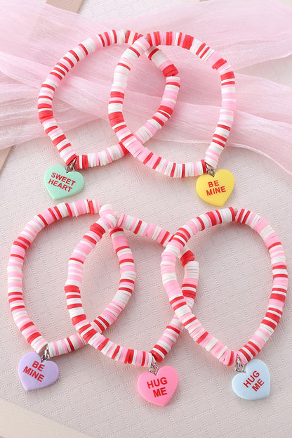 Heart Shape Charm Beaded Multi Layer Bracelet Set | Pink