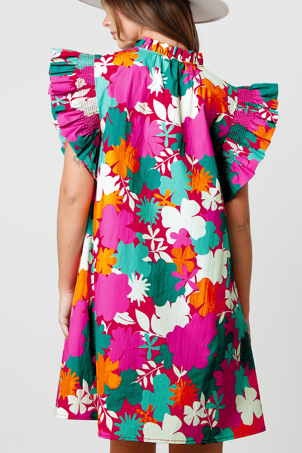 Floral Tie Split Neck Flutter Sleeve Mini Dress | Multicolour