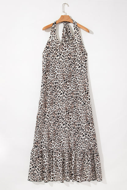 Leopard Printed Halter Neck Backless Ruffled Hem Maxi Dress | Brown