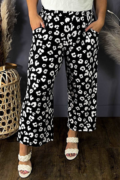 Print Wide Leg Pockets Plus Size Pants | Leopard