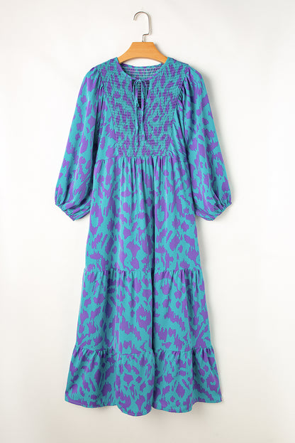 Abstract Print Puff Sleeve Tied Notched Neck Long Dress | Sky Blue