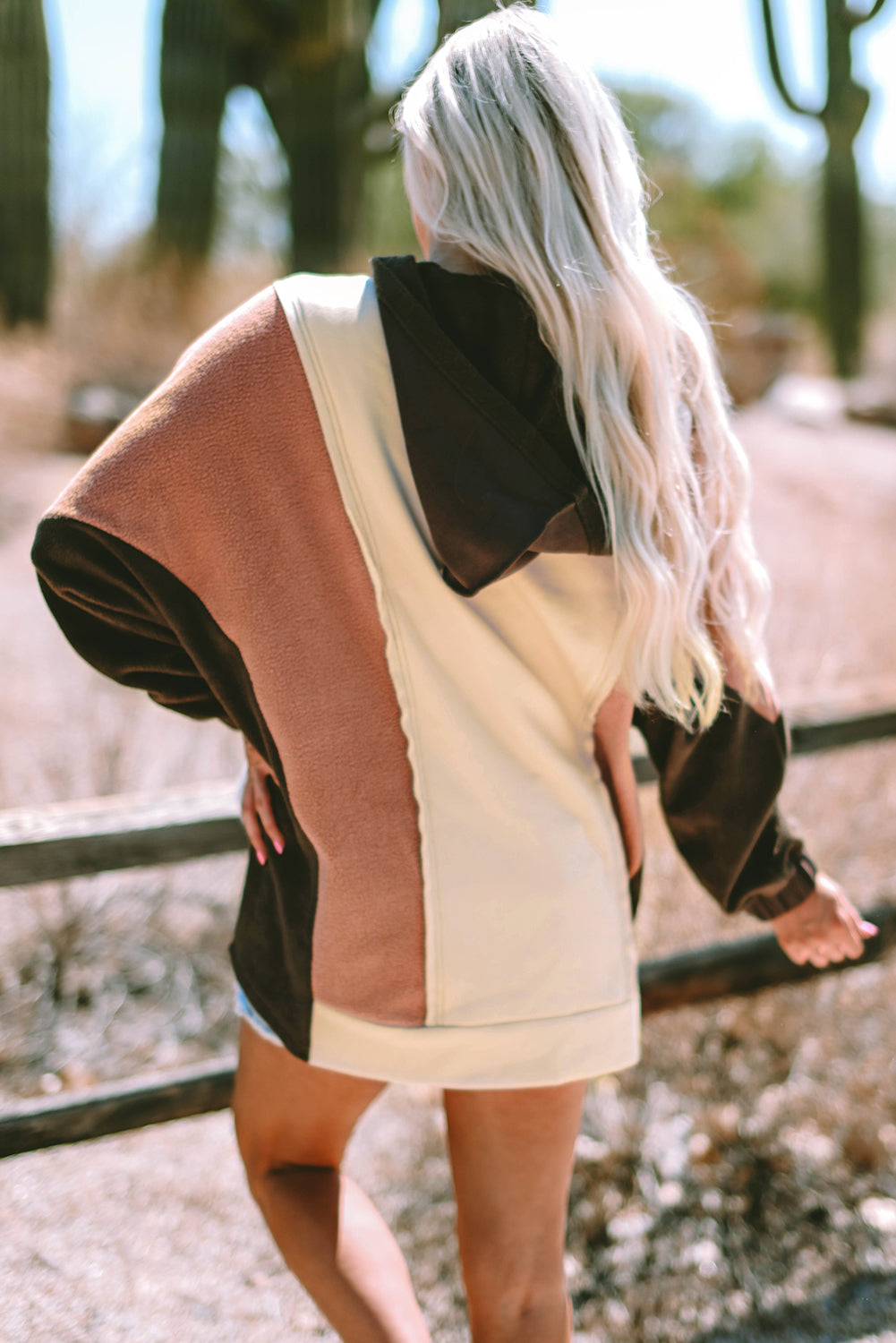 Oversized Colour Block Patchwork High Low Hoodie | Beige