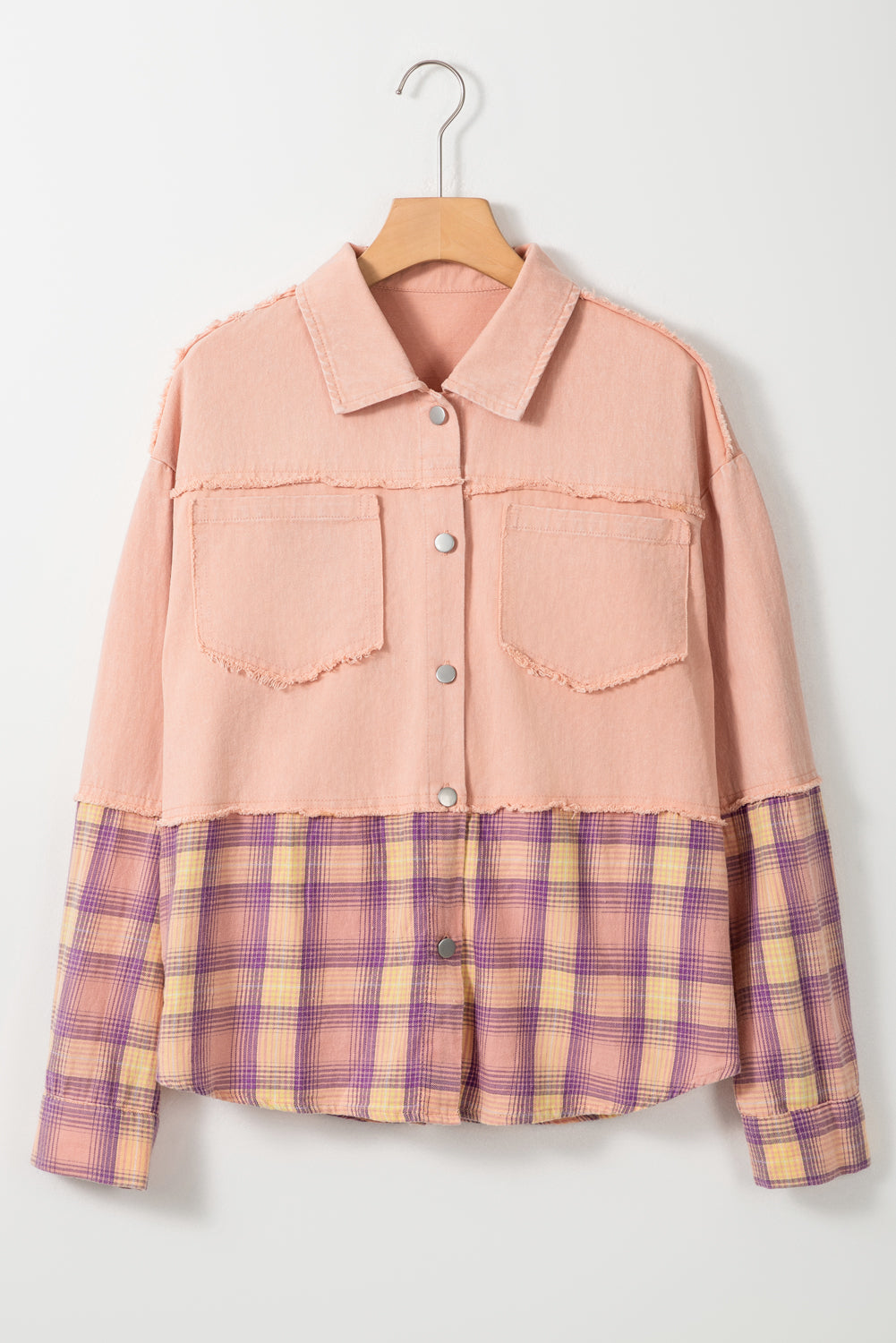 Frayed Patchwork Plaid Contrast Jacket | Pink