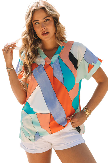 Irregular Colour Block Printed Short Sleeve Blouse | Multicolour