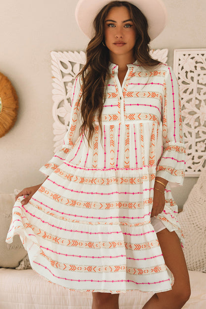 Bohemian Printed Bracelet Sleeve Slit Neck Ruffled Loose Dress | Orange