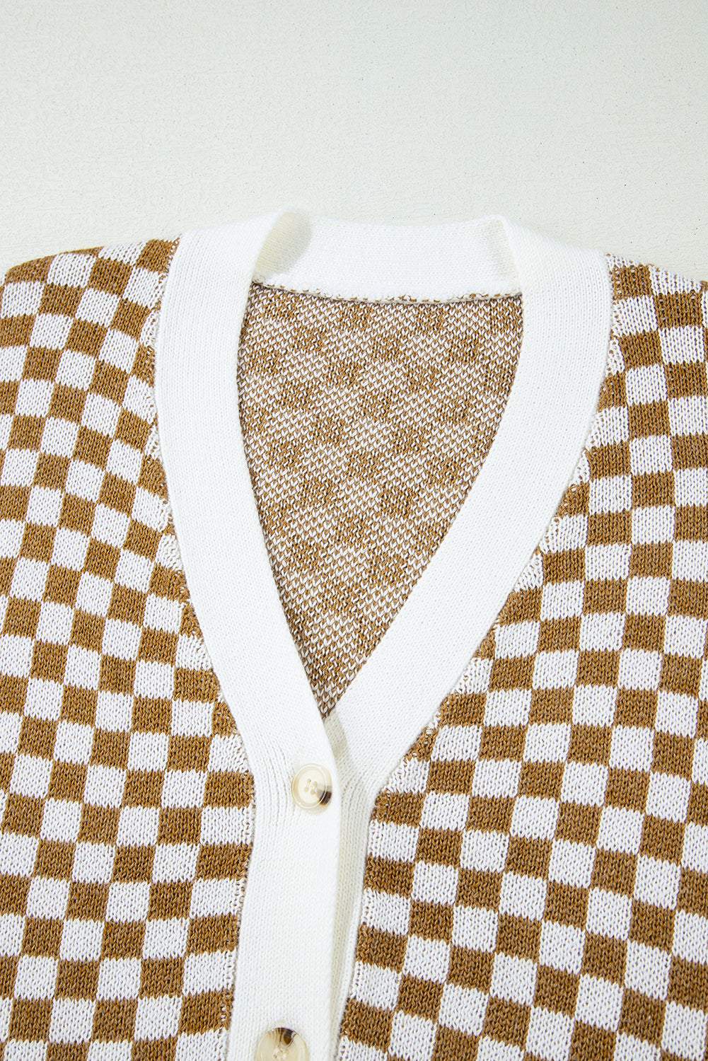 Checkered Striped Patched Buttoned V Neck Cardigan | Brown