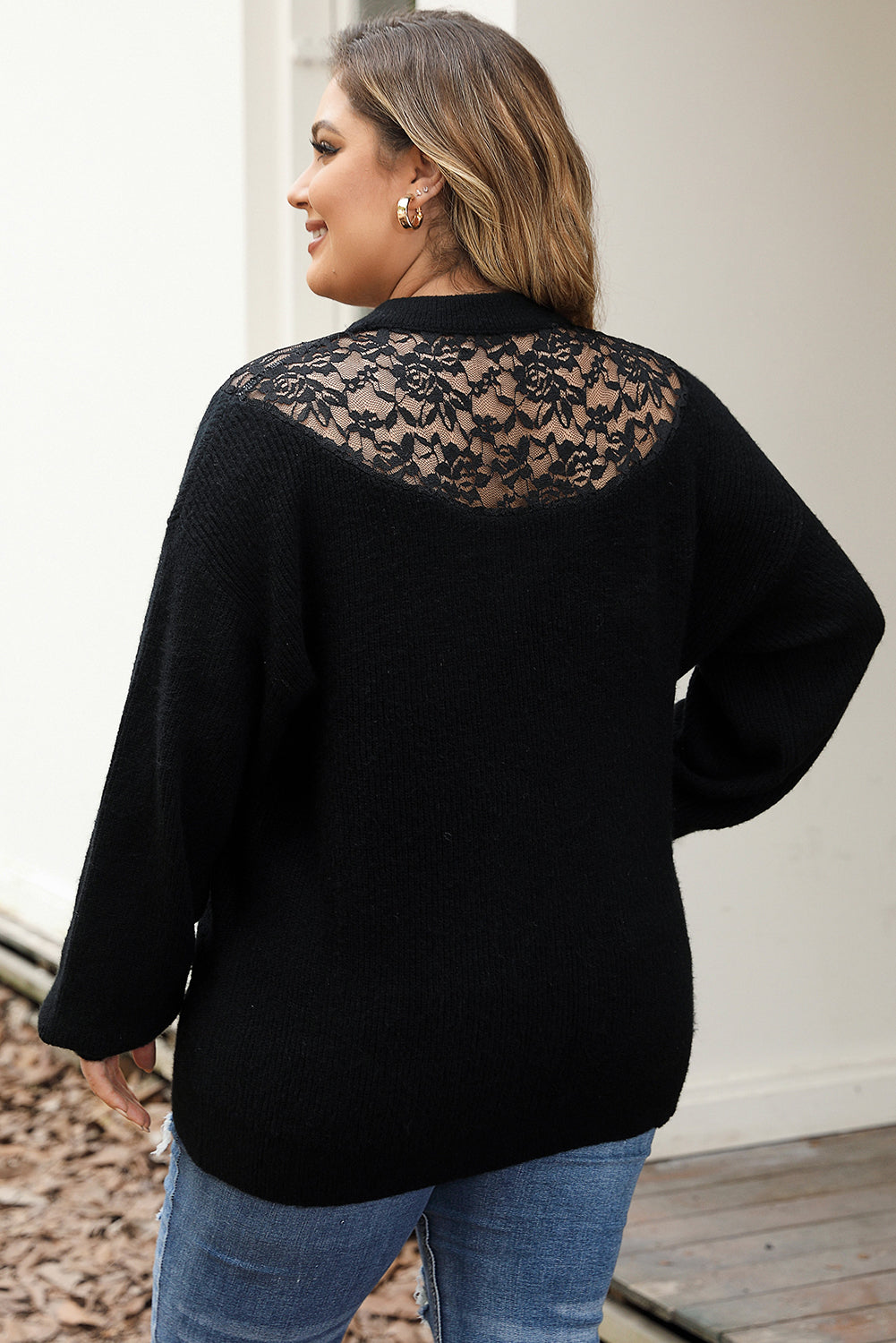 Plus Size Ribbed Knit Lace Splicing High Neck Sweater | Black