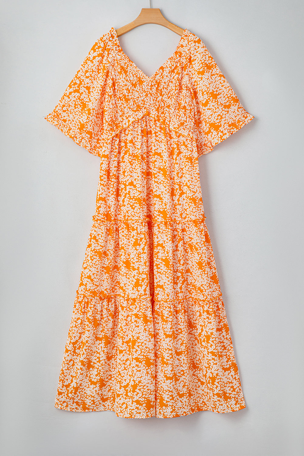 Floral Print Smocked V Neck Wide Sleeve Maxi Dress | Orange