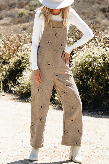 Flower Print Corduroy Overalls | Khaki