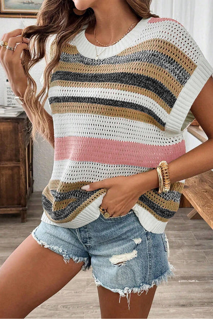 Colour Block Eyelet Knit Short Sleeve Sweater Tee | Pink Stripe